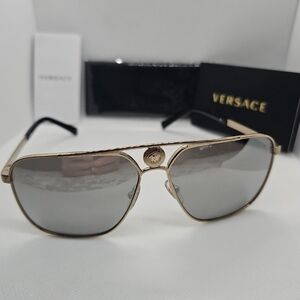 Versace Pale Gold Frame Rectangular  Sunglasses with Silver Lenses- BRAND NEW!